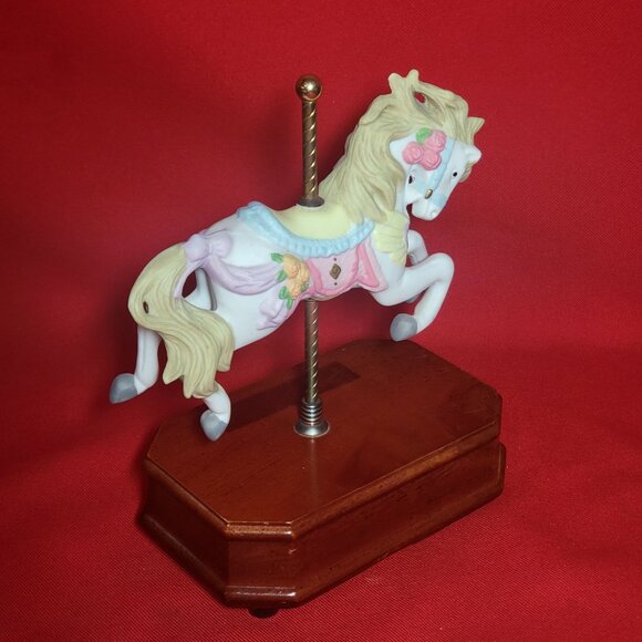 Musical Carousel Horse Bisque Porcelain Wood Base Plays Wind Beneath My Wings - Picture 12 of 12